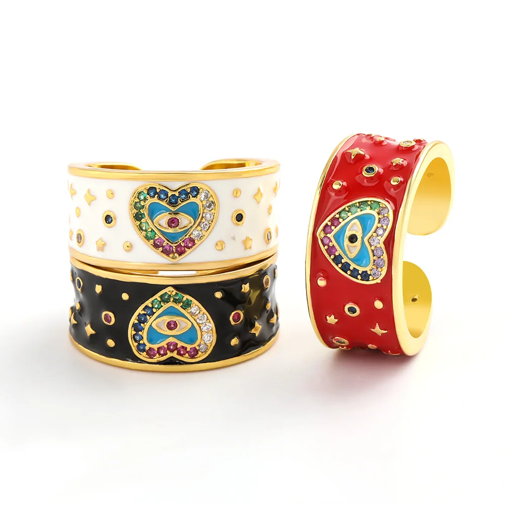 

Fashion Enamel Evil Eyes Chunky Ring 18k Gold Ring Enamel Trendy Eyes Colorful Zircon Party Heart Enamel Evil Eyes Ring, Gold/silver