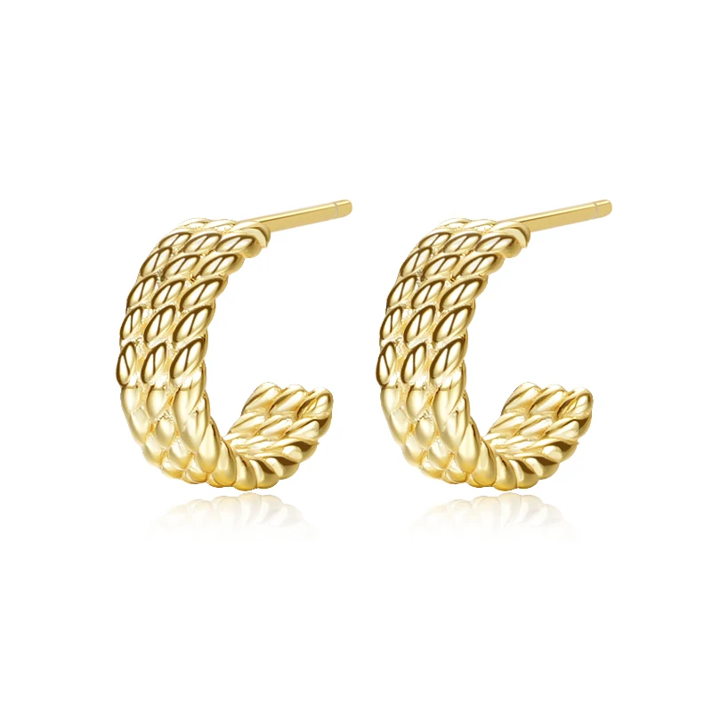 Fashion 18k Gold Plated 925 Silver Open Geometric Twist C-shaped Huggie Hoop Earrings Studs for Women