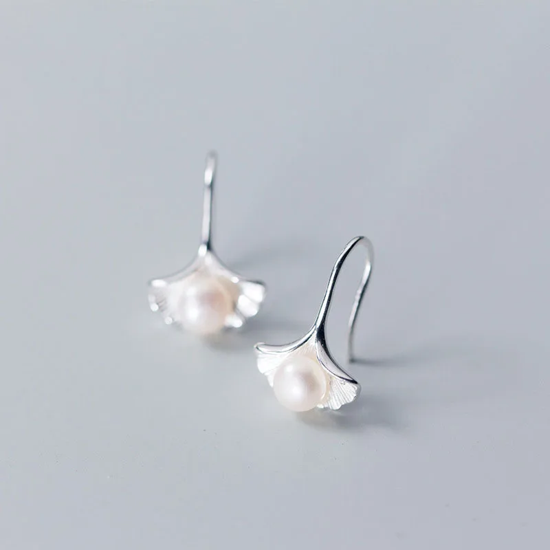 Real 925 Sterling Silver Freshwater Pearl Ginkgo Leaf Earrings for Women Wedding Valentine's Day Jewelry