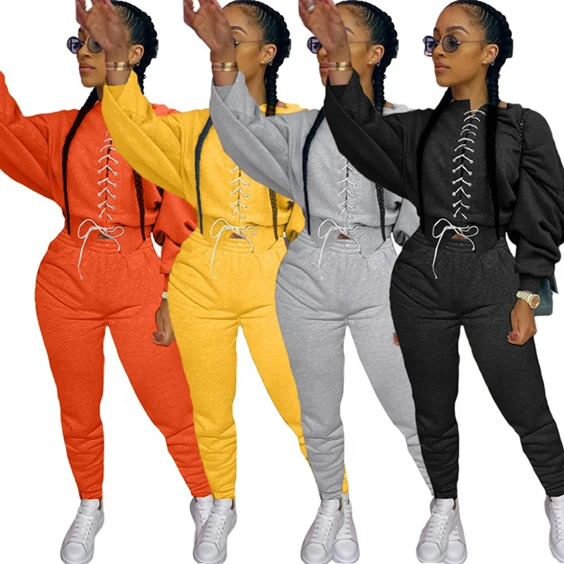 

2020 Autumn Fleece Lined Warm 2 Piece Lace Up Sweatshirt And Pants Set