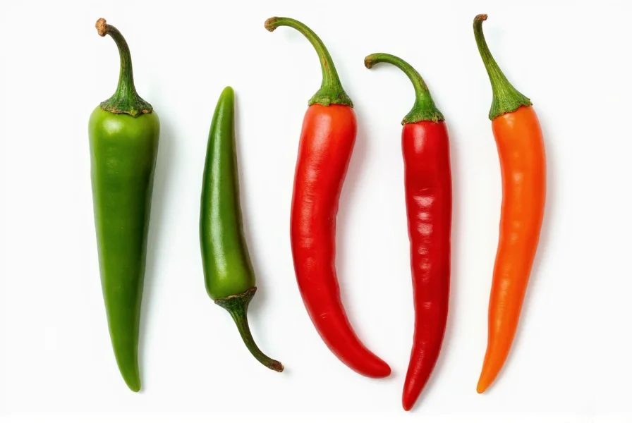Close-up comparison of serrano peppers next to common substitutes including jalapeño, cayenne, and Thai chili
