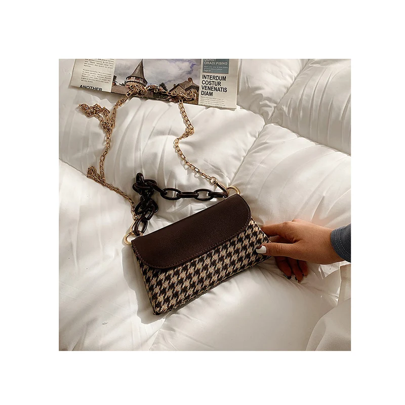 

2021 Elegant Women Houndstooth Handbags Vintage Design Acrylic Chain Shoulder Bolsa Fashion New Trendy Leisure Crossbody Purses, Shown