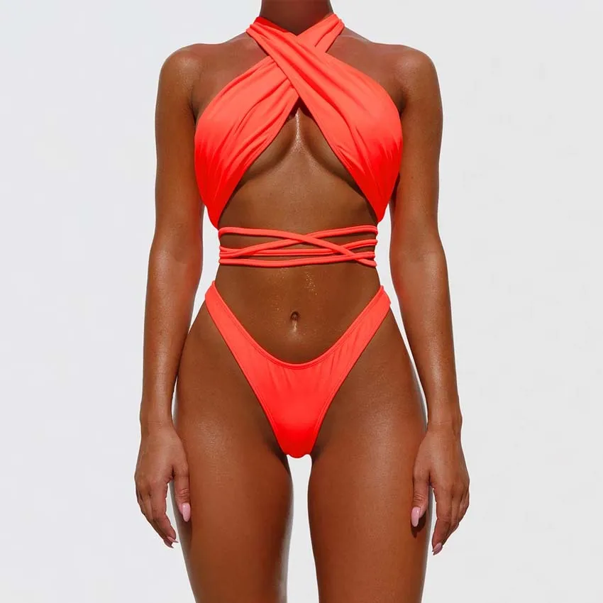 

2021 Wholesale Custom New Pure Color Straps Sexy Push Up Bikini Set High Waist Swimsuit Thong Bikini Sexy Swimwear/