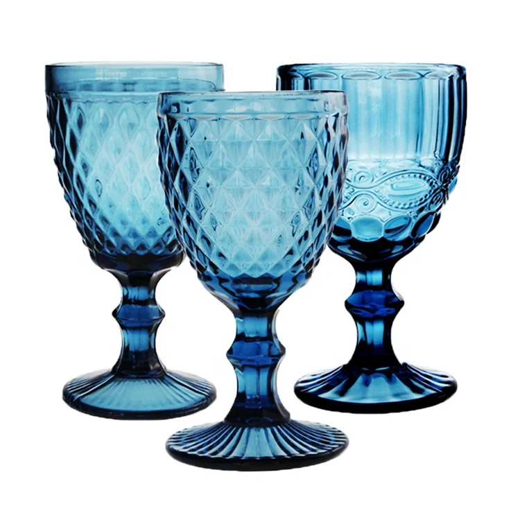 

Factory Wholesale Colored Goblet Wine Water Glass Pressed Blue Glass Goblets Vintage