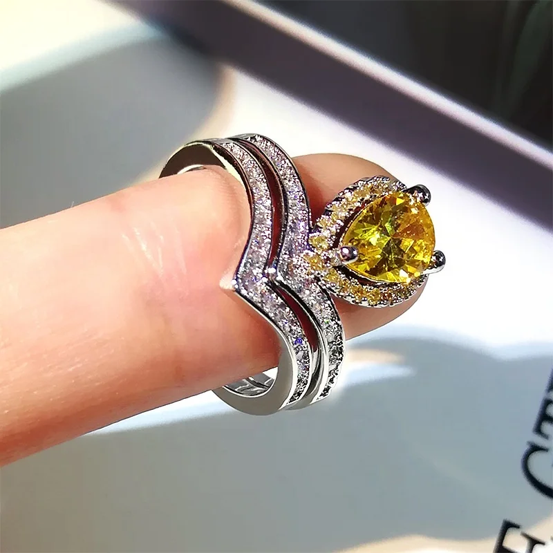 

Engagement Wedding Rings Yellow Gemstone for Women Fine Jewelry Cubic Zircon Christmas Jewelry, Picture shows