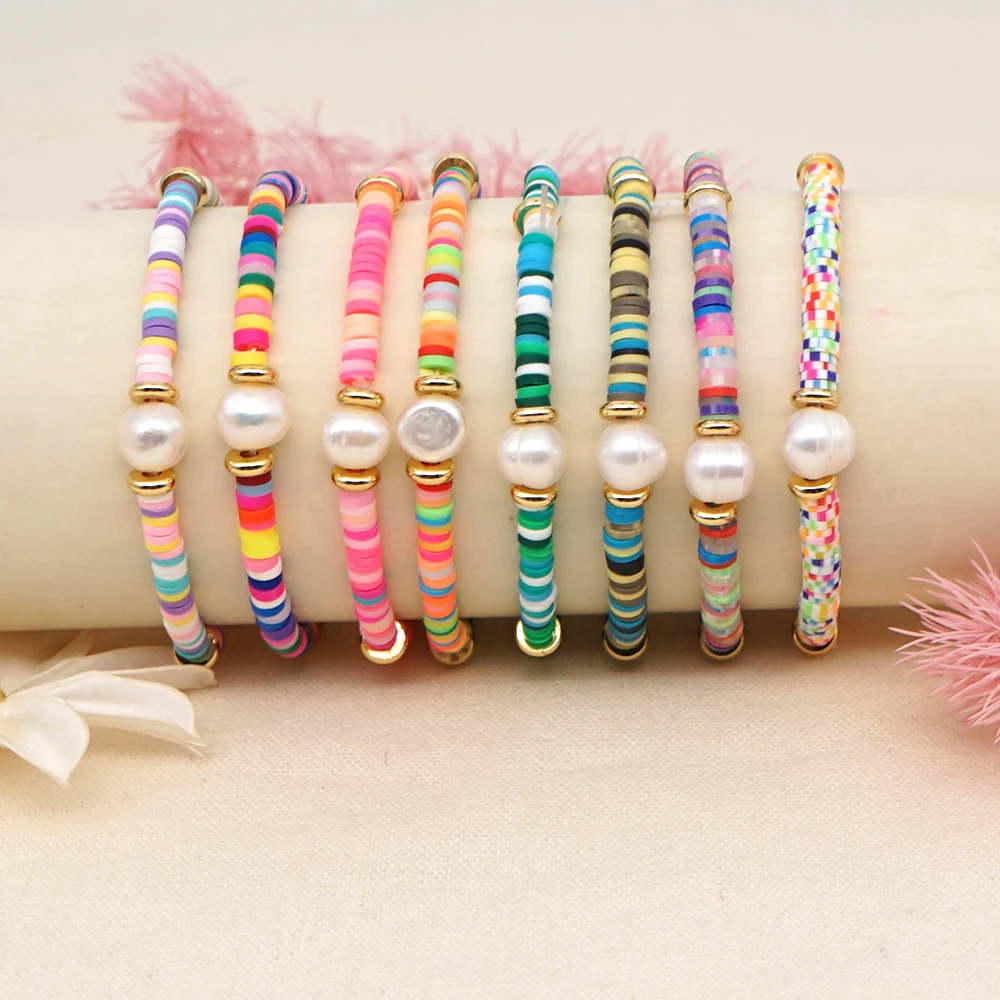 

Go2Boho Polymer Clay Colorful Beads Pulsera Freshwater Pearl Charm Bracelets Pearls Heishi Bracelet For Women Summer Jewelry
