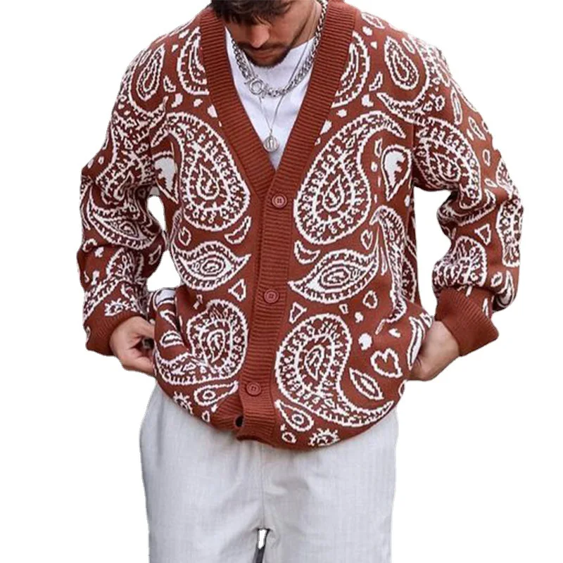 

2022 New In Plus size Knitted Long Sleeve Sweater V Neck Men Bandana Cardigans Button Wool Sweater