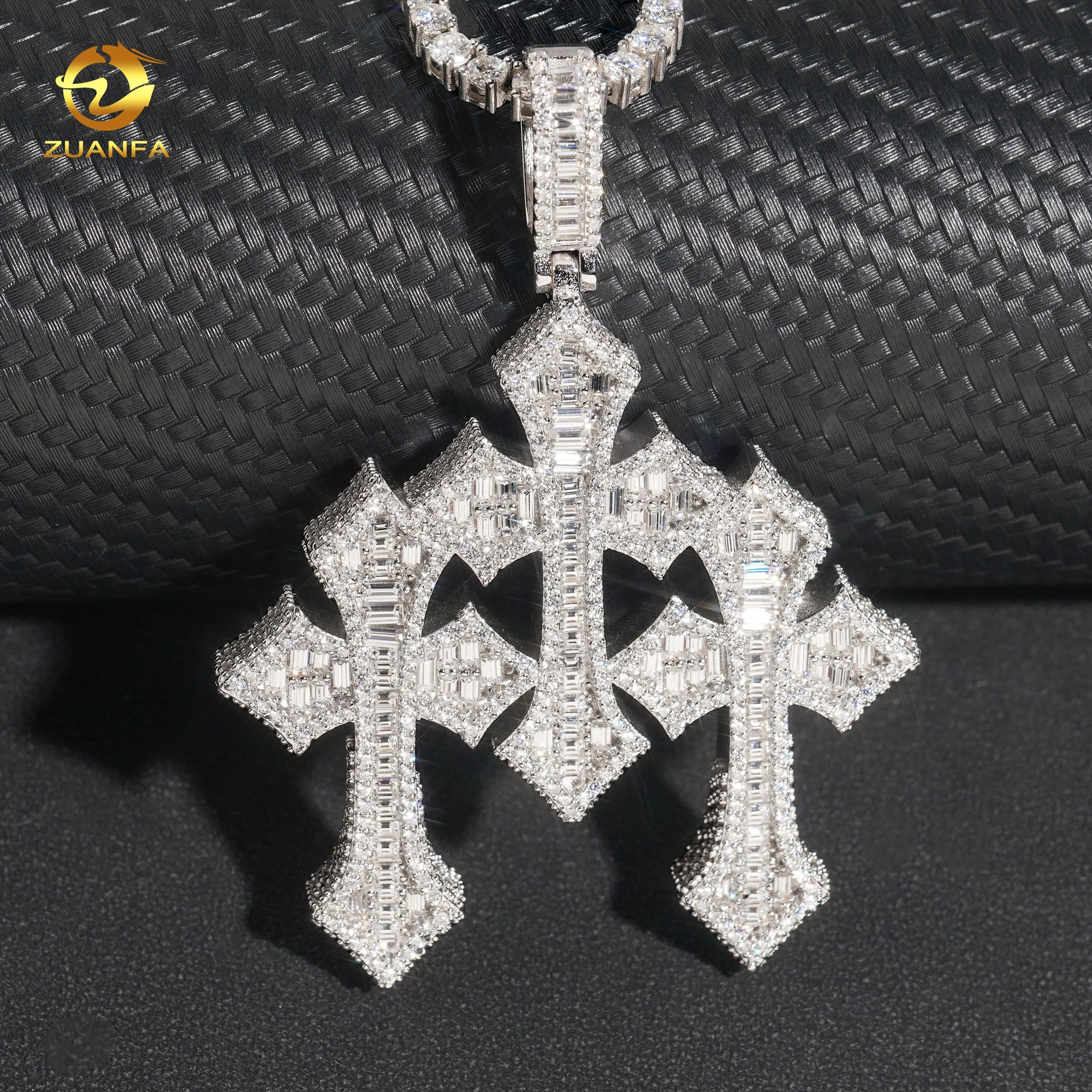 

New Style Top Quality Pass Diamond Tester Silver 925 Three Cross Custom Hip Hop Mens Cross Pendant