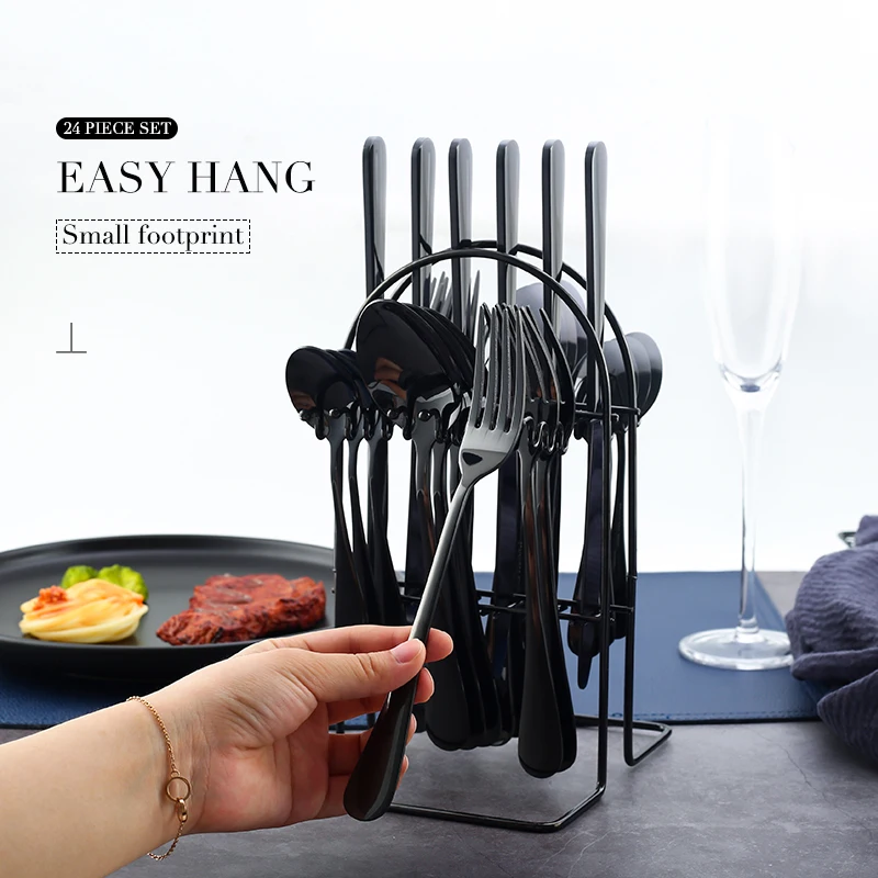 

Wholesale 24pcs Knife Fork Spoon Set Cutlery Set Flatware Manufactures Black Cutlery