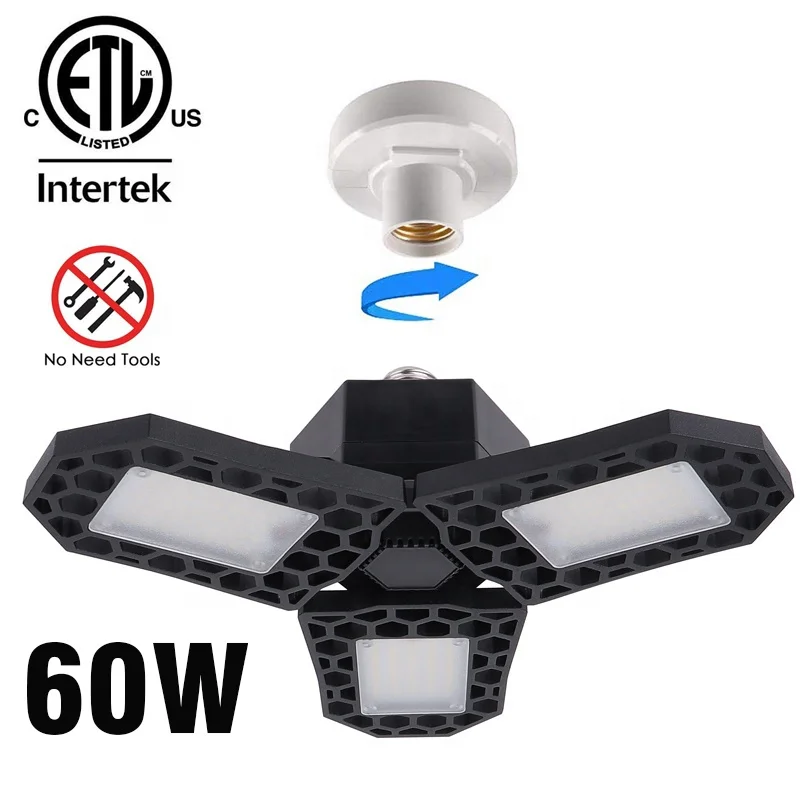 
Valed 60W ETL LED Garage Lights 6000 Lumens Adjustable Trilights Garage Ceiling Light Deformable LED Garage Light 