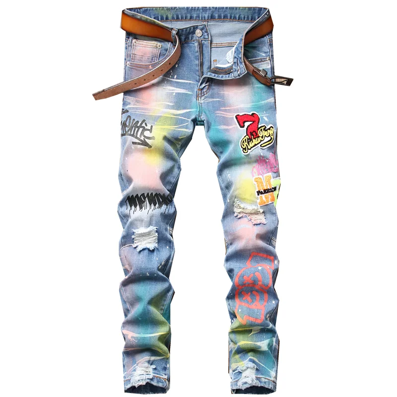 

Men Ripped Skinny Pencil Pants Motorcycle Party Casual Trousers Street Denim Jeans