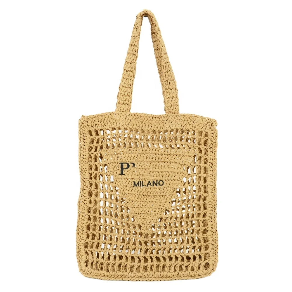 

Luxury Natural Paper Straw Raffia Hollow Out Crocheted Woven Tote Shoulder Handbag LOGO Embroidery Beach Bag for Summer