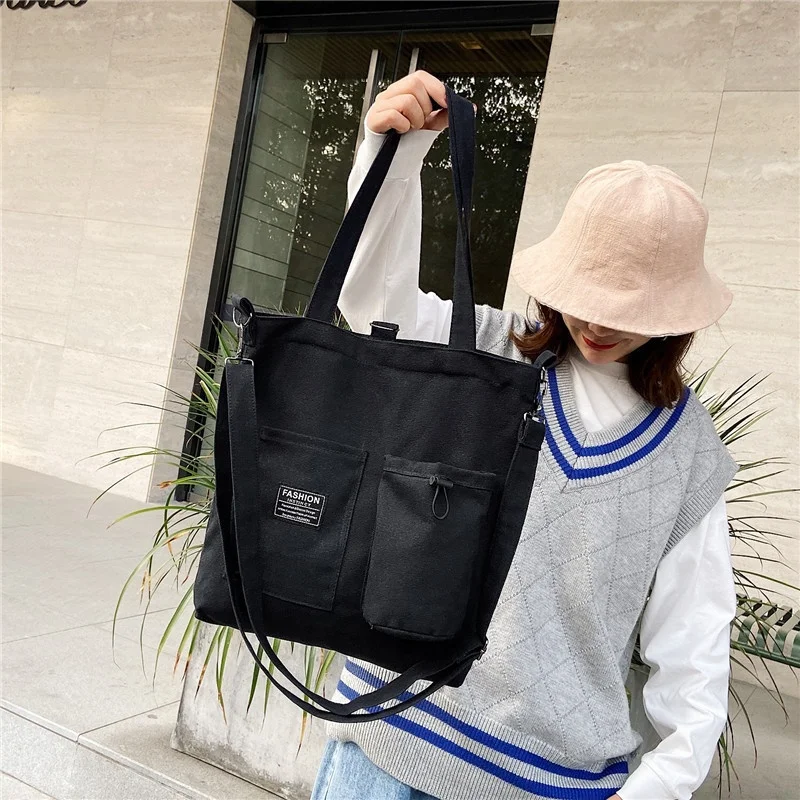 

Front Bottle Holder Pocket Top Zipper Open Ladies Double Shoulders Messenger Crossbody Tote Repeat Reusable Cotton Shopping Bag, 4 colors