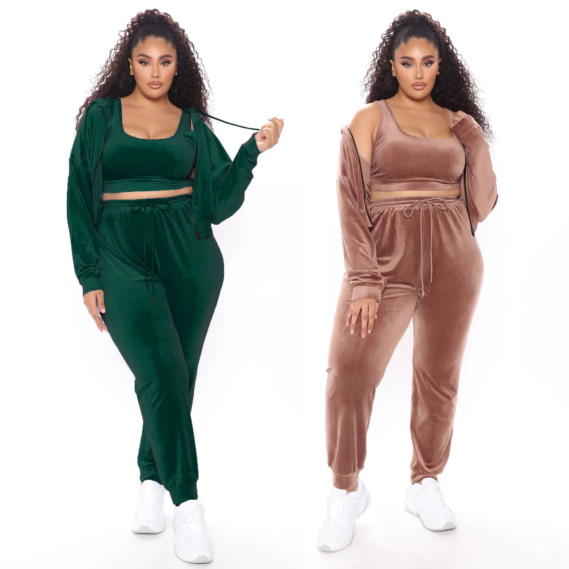 

New arrivals fall trendy plain velvet crop top and long sleeves cardigan sweater coat 3 piece pants set plus size women clothes, As shown in figure