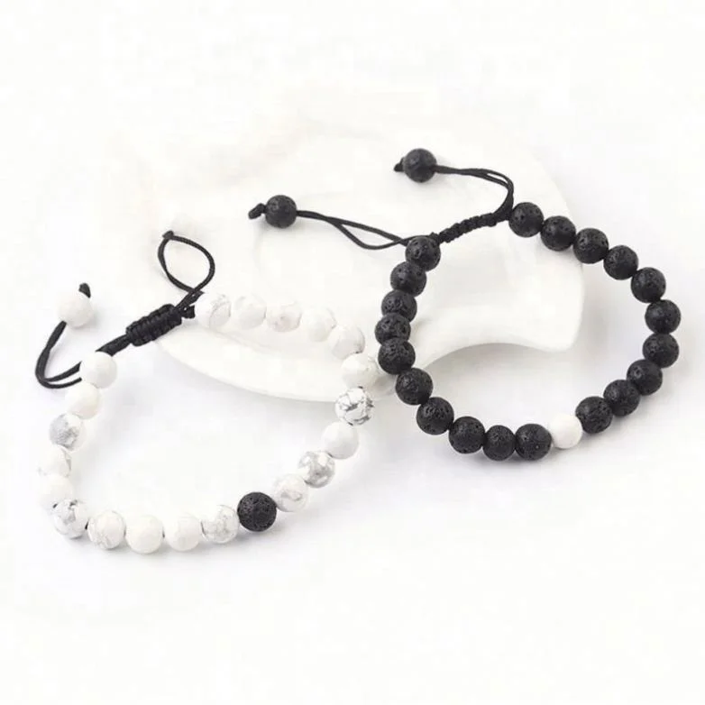 

8Mm White Turquoise Volcanic Stone Bracelet Adjustable Unisex Braided, Black/ white