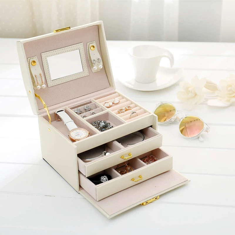 

Custom Logo PU Leather Jewelry Box Organizer 3-layer Jewelry Storage Case for Ring Earring Necklace Gift Packaging