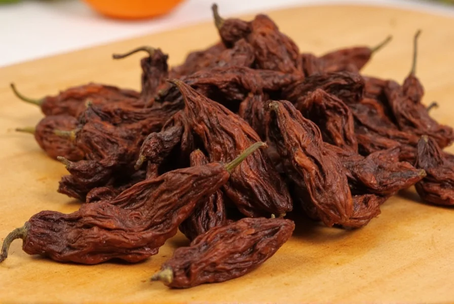 Close-up view of dried chipotle peppers showing their wrinkled texture and dark brown color on wooden cutting board