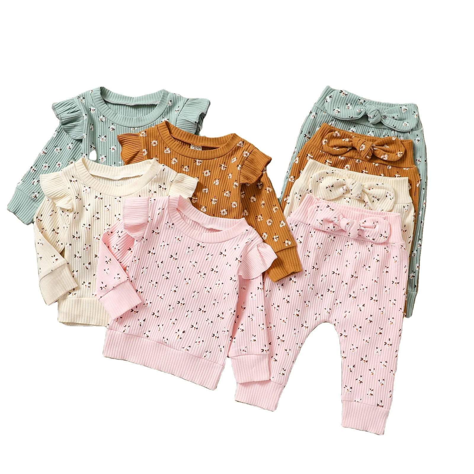 

Autumn Baby Girls Clothes Sets 2pcs Floral Ruffle Long Sleeve Pullover Tops Pant Outfit Ribbed Knit Baby Homewear Tracksuit