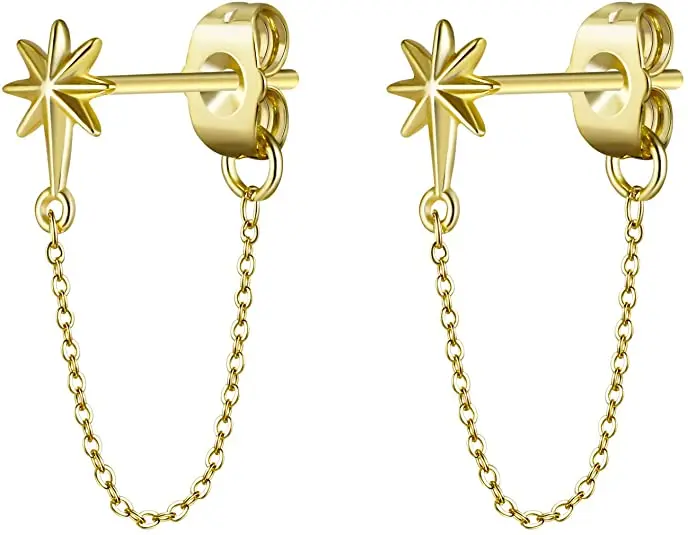 

Fashion 14k Gold Plated Chain Earrings Minimalist Cubic Zirconia Hypoallergenic Star Stud Earrings