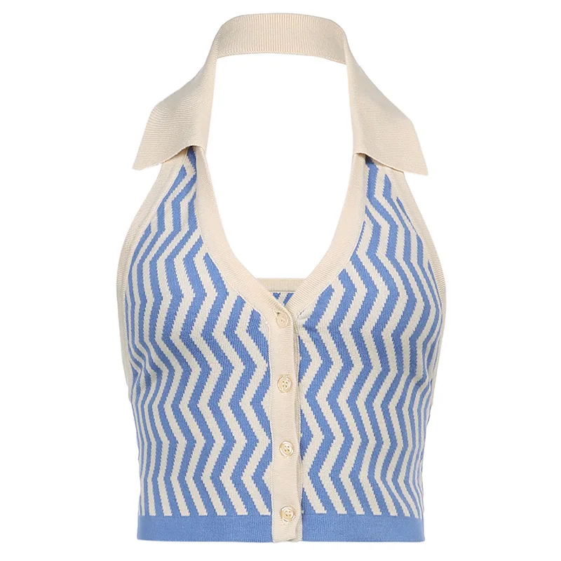 

Vintage Striped Knitted Halter Cropped Tops E-girl Aesthetics Sleeveless Single-breasted Vests Y2K Fashion Blue Tops, Picture shown