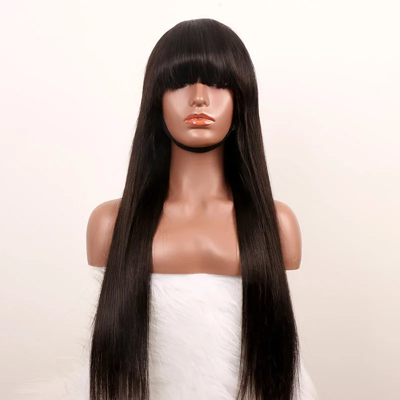 11A Full Machine Made Wig 180% Density Human Hair Wig Natural Black Color Human Hair Wig With Bang
