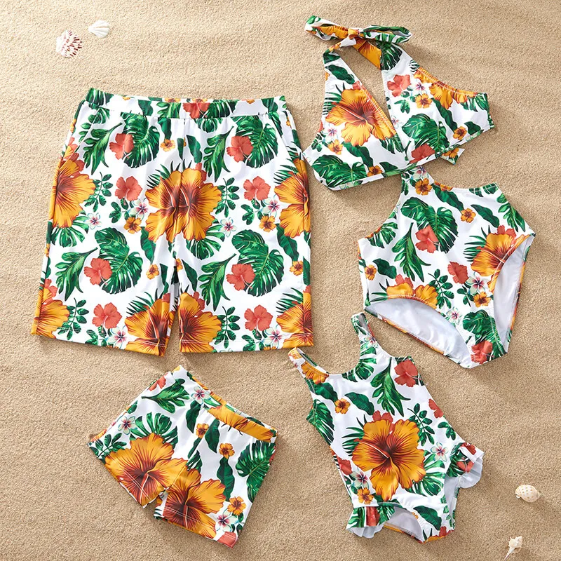 

Cute Adults Women And Children Breathable Boardshorts Bikini Bathing Suits Floral Print Blossom Family Matching Swimsuit Sets, Yellow,red