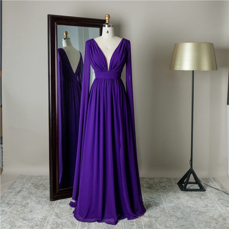 

China supplier cheap prices sexy deep v neck long purple bridesmaid dress