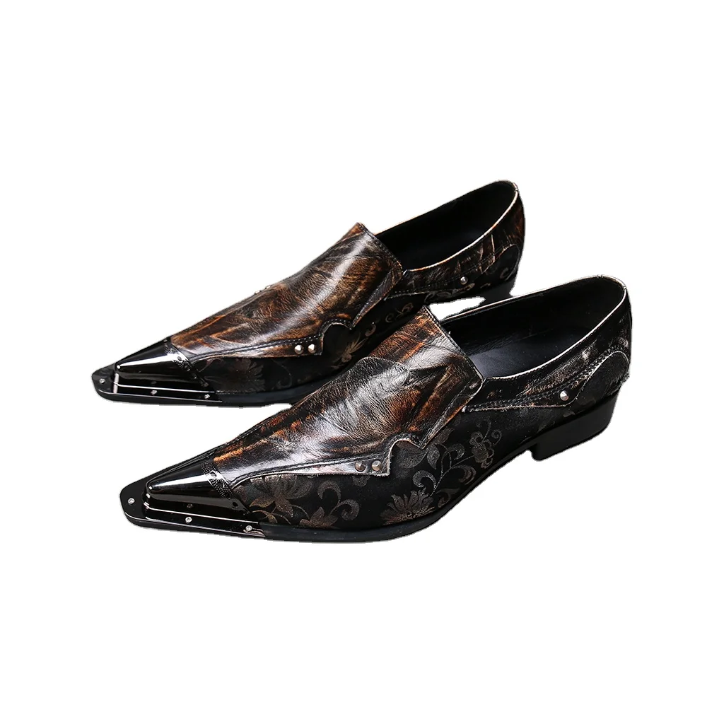 

NA224 Designer Italian brands pointed toe Steel top dress shoes flowers printing genuine leather wedding designer shoes men