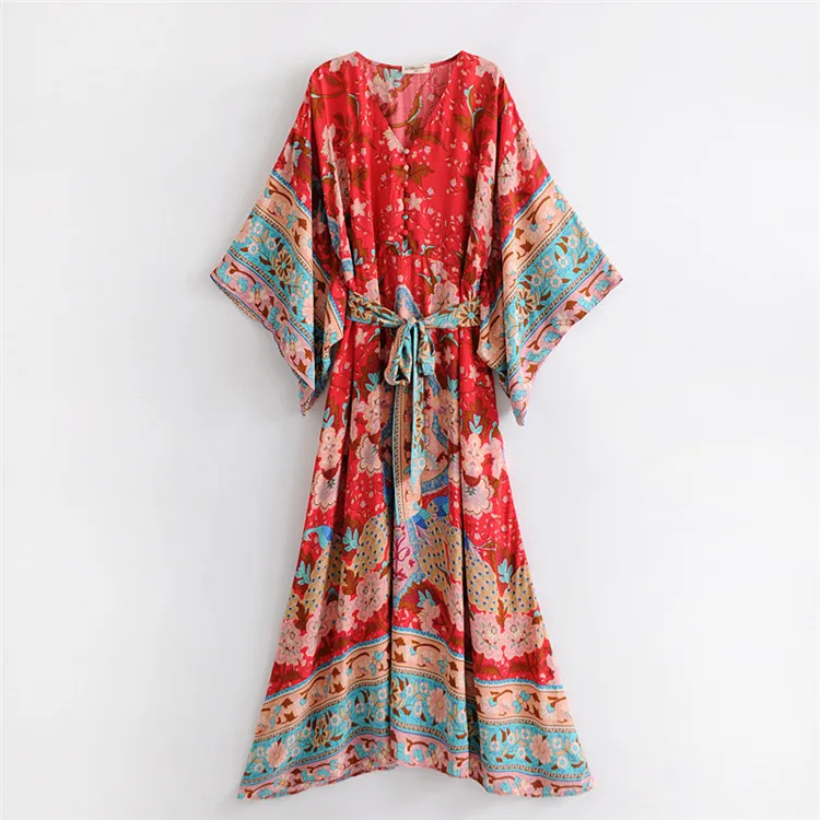 

women bat sleeve beach Bohemian dresses Ladies V-neck sashes vestidos