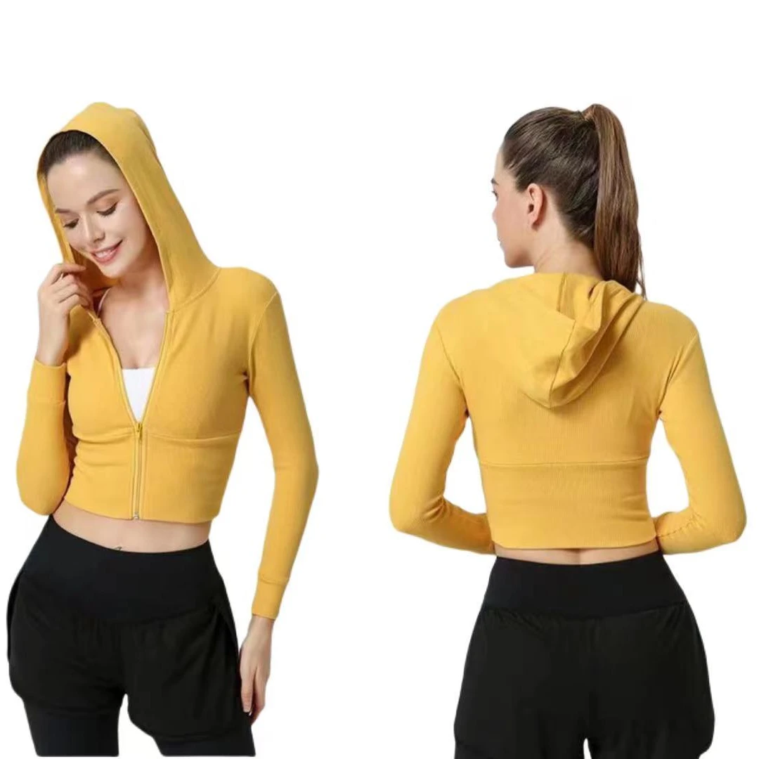 

2021 Hooded Workout Clothing Gym Wear Long Sleeve Jacket Sportswear Woman sexy seamless zipper top high-waisted yoga suit, Black,pink,blue,yellow