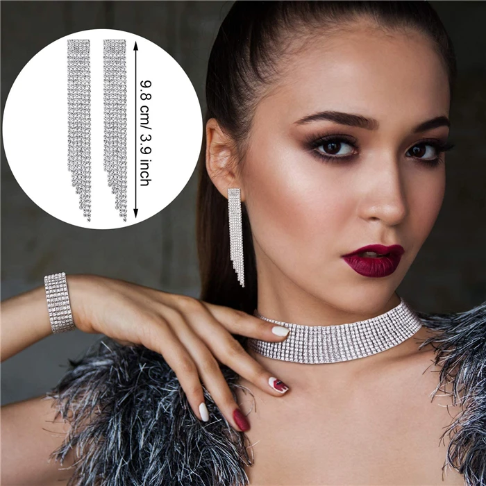 

2021 Earring Bracelet Diamond Women's Jewelry Set Silver Necklace Choker Chain Tennis, Silver/green