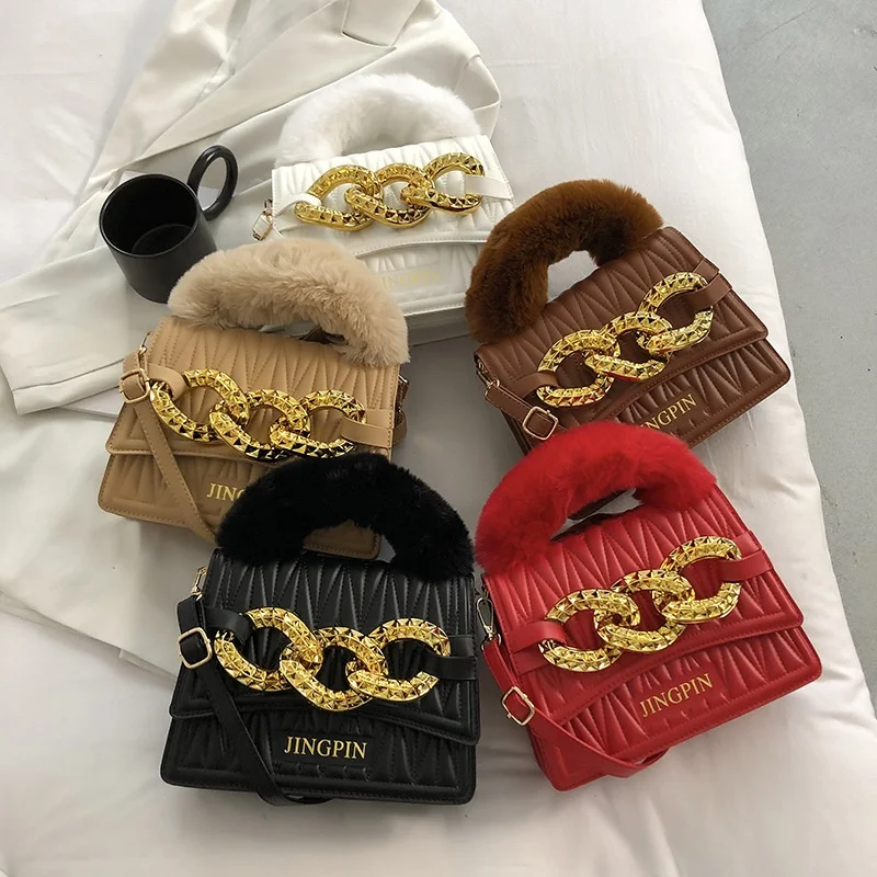 

Unique Design Women Pu Chain Fluffy Fur Handle Bags Ladies Shoulder Bag Crossbody