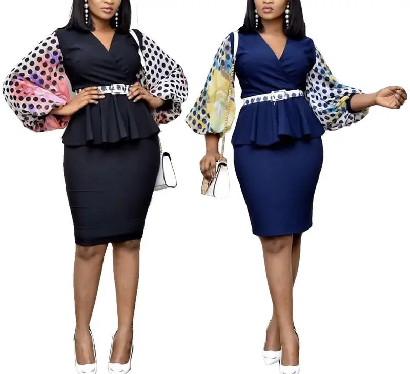 
Elegant office ladies v neck polka dots lantern sleeve highwaist casual A line dress patchwork pattern 