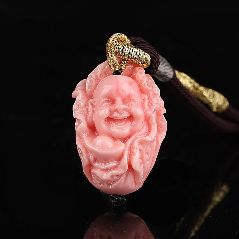

New Arrival Pink Conch Shell Carved Buddha Head Necklace Pendant, Buddha Pendant, 29x21x18mm, 10.5g, Natural