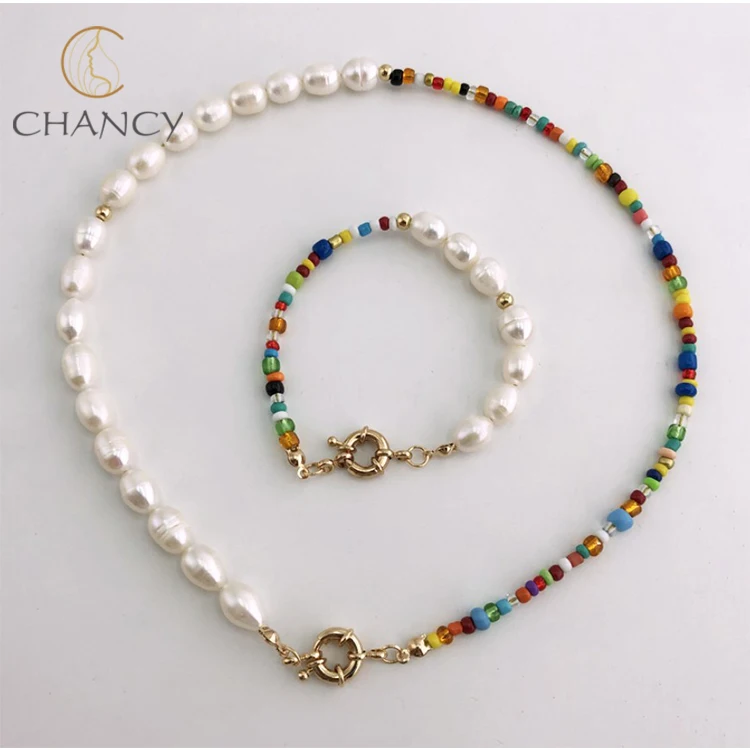 

Bohemian style seed bead freshwater pearl 18k necklace bracelet, Gold