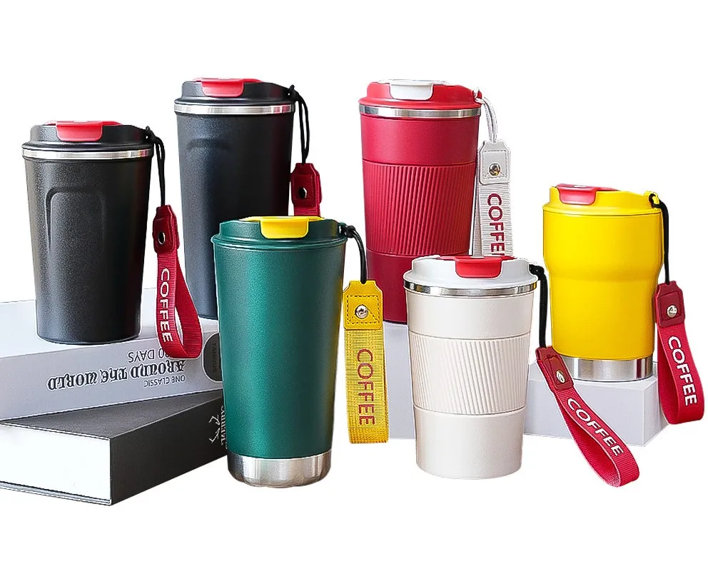 

Cheaper Double Wall Coffee Cup Modern Design Insulated Tumbler Travel Cups with Strap To Keep Drinks Hot&Warmer for Car Holder