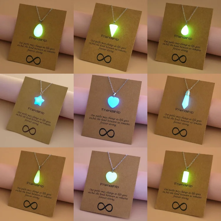 

Glow in the Dark Charms Back To School Fashion Jewelry Brown Message Card Waterdrop Star Luminous Heart Pendant Necklace