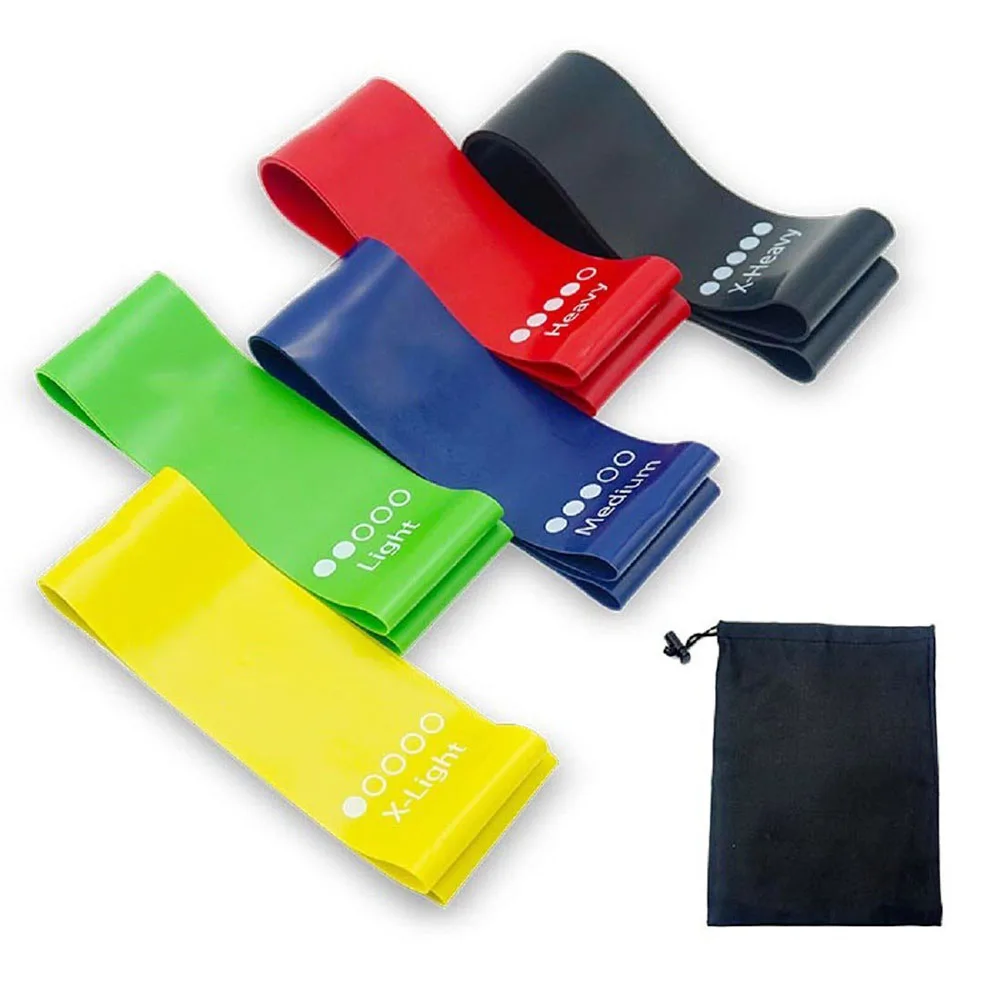 

Hot selling Eco set of 5 latex rubber resistance loop exercise bands set for home fitness stretching, Black,red,yellow,blue,green