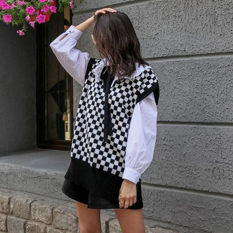 

Wholesale Price White Black Checkerboard V Neck Veste Femme Sleeveless Knitted Winter Women Sweater