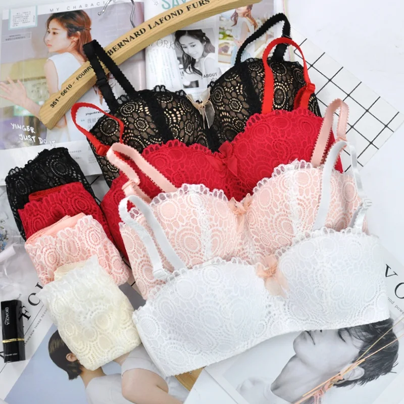 

1920 Wholesale Girls Wireless Gathering Bra Panty Push Up Lace Bra Briefs Sets, 4 colors: white, pink, black, red