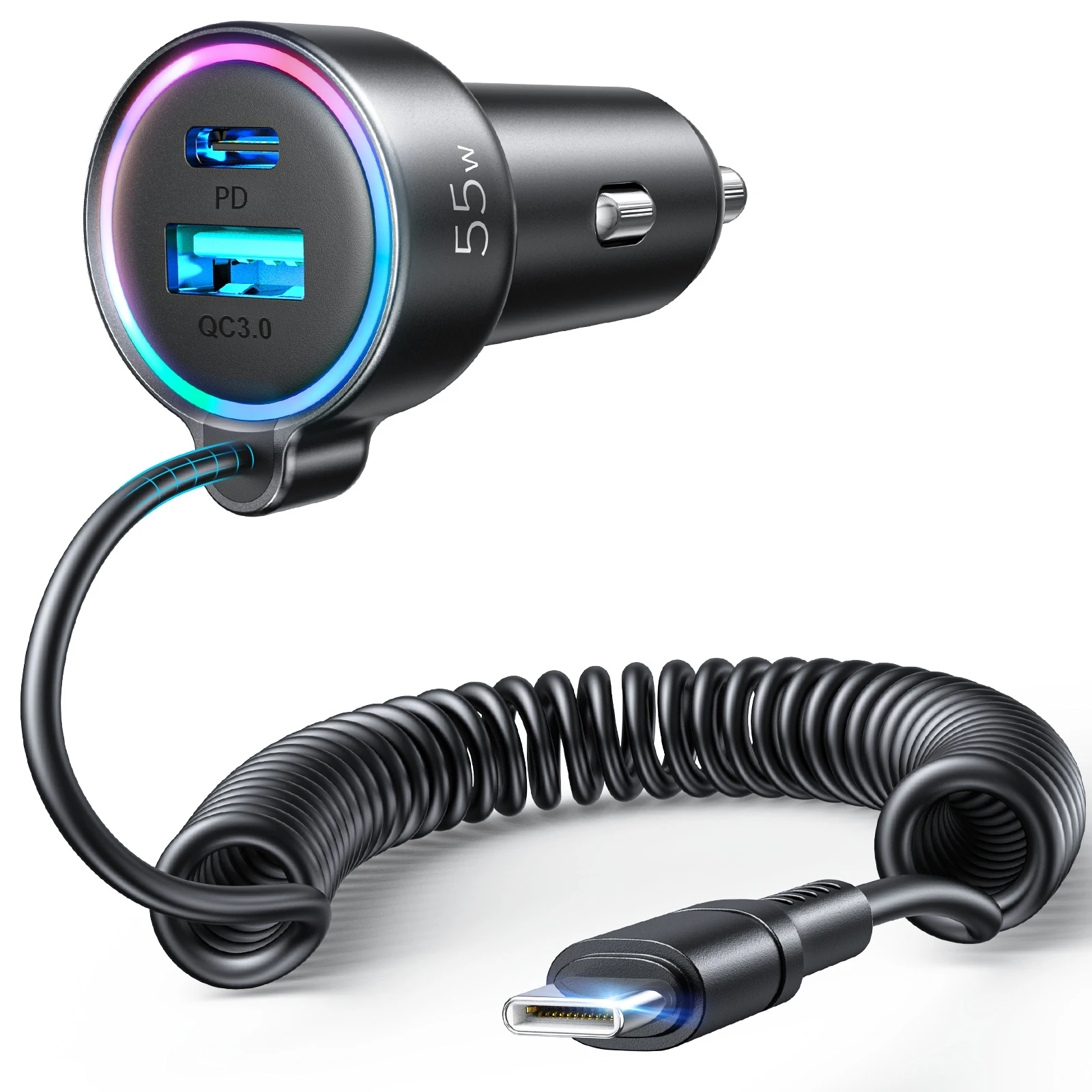 

55W PD QC Car Charger with Spring wire type c cable