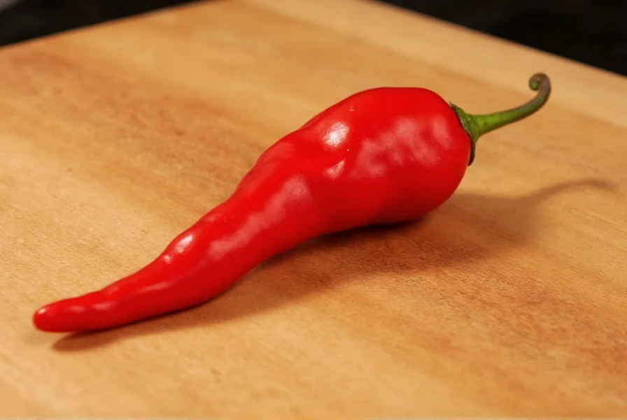 Close-up photograph of a ripe red Trinidad Moruga Scorpion pepper showing its distinctive stinger-like tail on a wooden cutting board