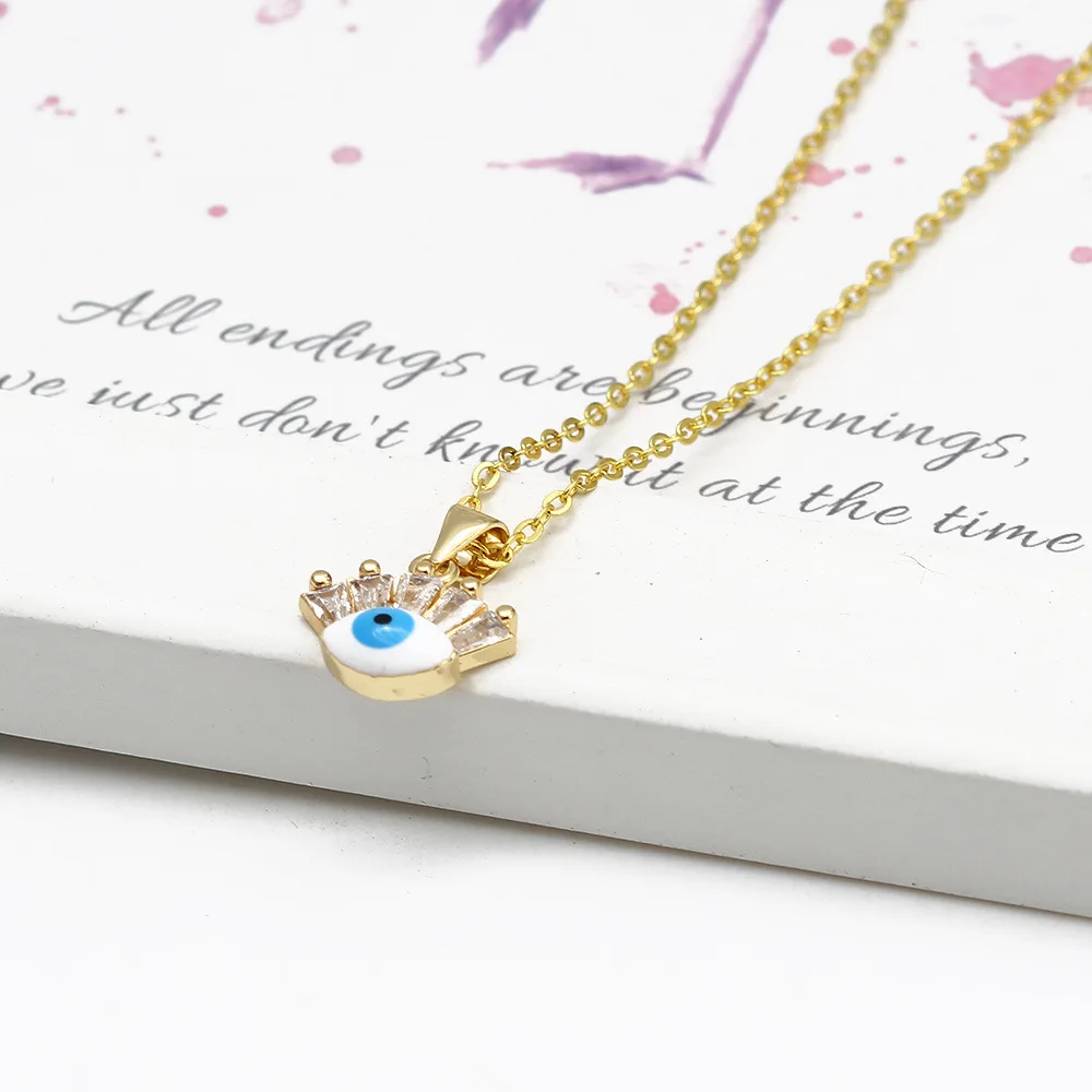 

New Design Turkey Real Gold Plated Inlaid CZ Blue Devil Eyes Pendant Necklace Micro Pave Crystal Evil Eyes Necklace For Girl