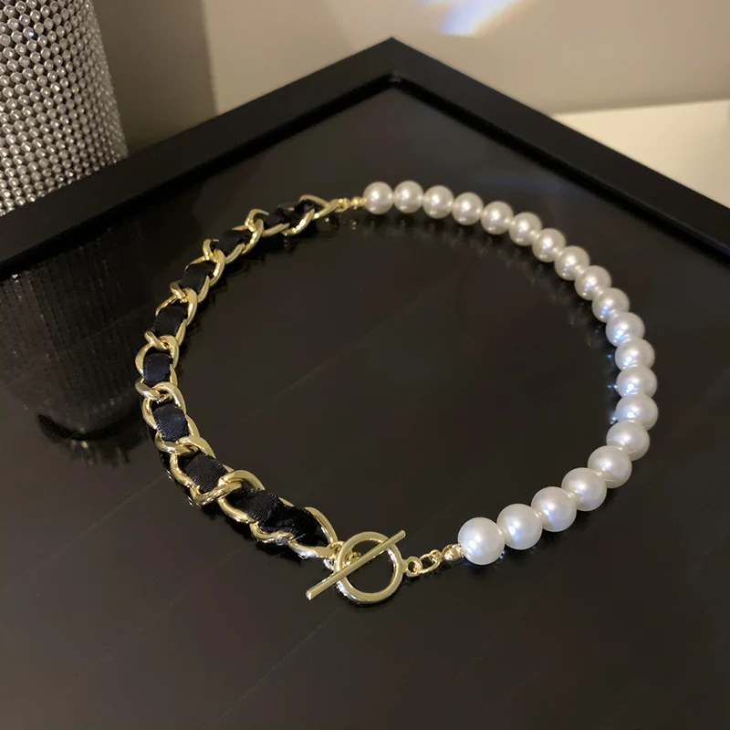 

fashion trendy black pearl stitch necklace