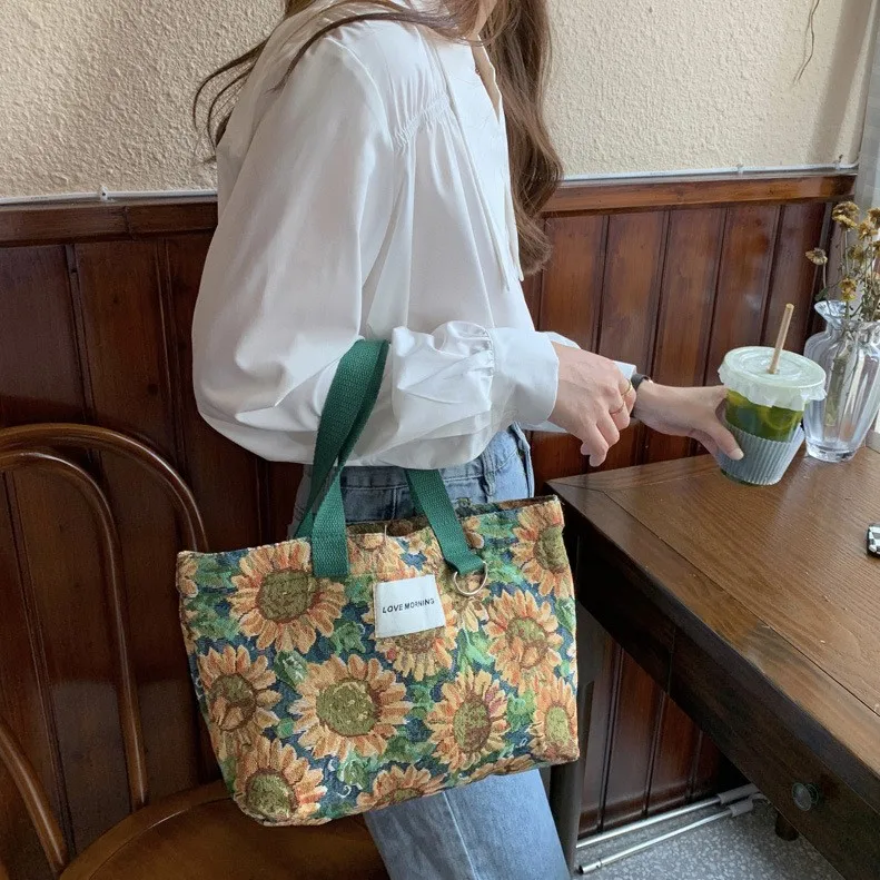 

Wholesale ECO Friendly Reusable Vintage Canvas Sunflower Pattern Shopping Tote Bag Durable Grocery Handbag