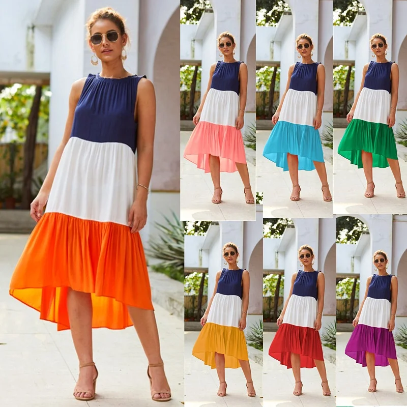 2019 ladies dress elegant boho summer stitching round neck beach skirt casual fashion women's clothing