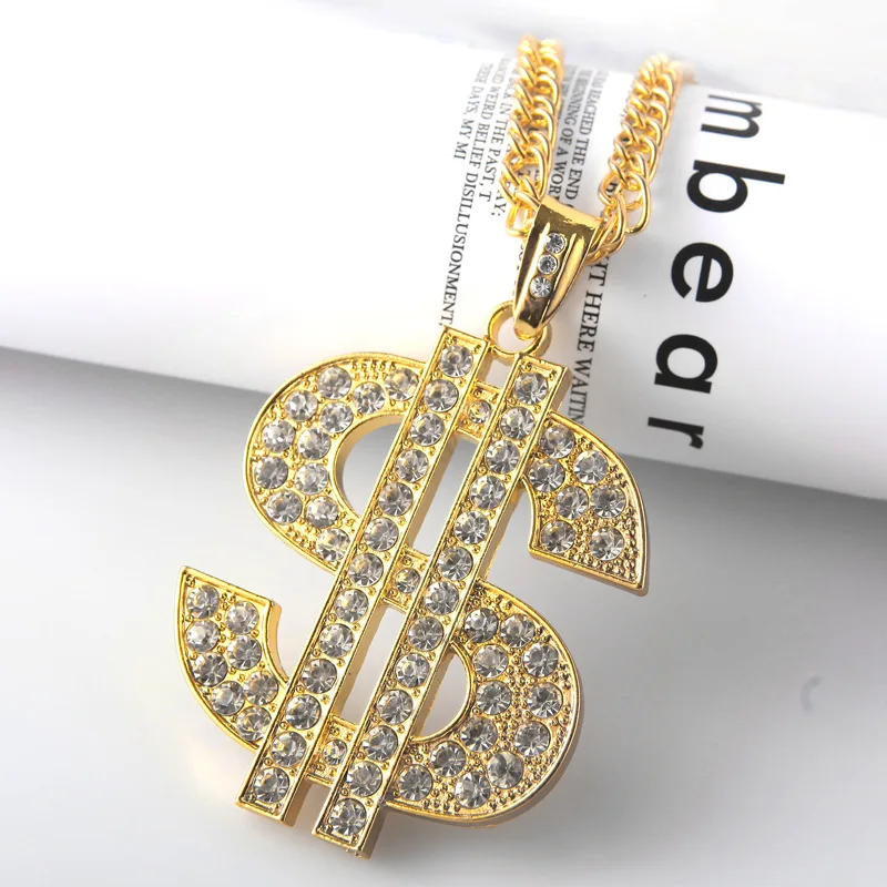 

New Arrival 18K Gold Plated Hip Hop Rhinestone Dollar Sign Pendant Necklace