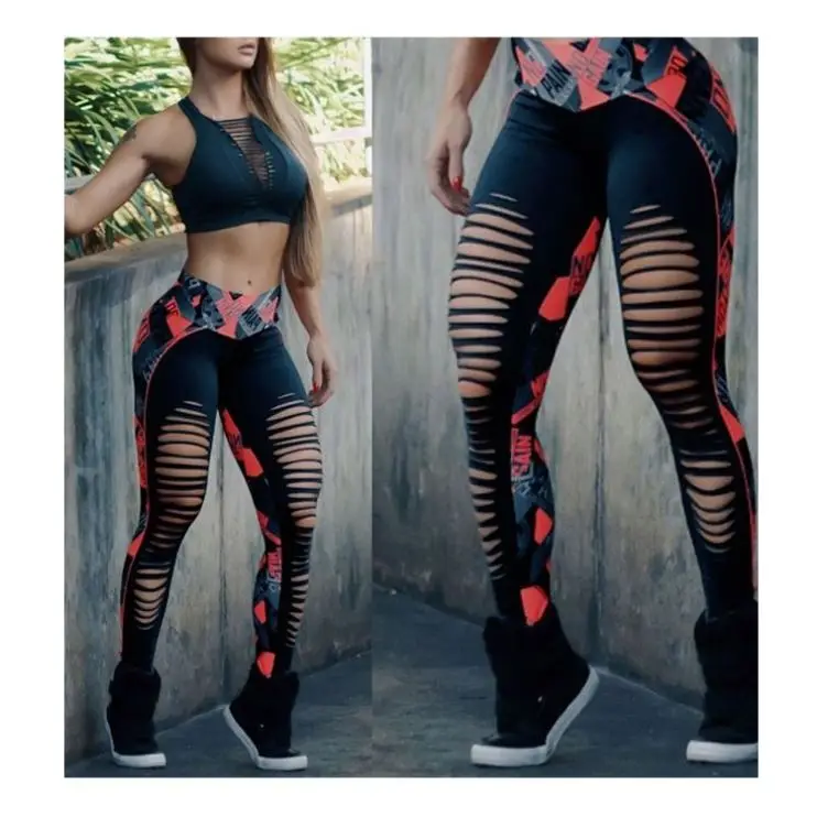 

2019 Woman Apparel Sexy Ripped Print Yoga Pants Gym Cloth