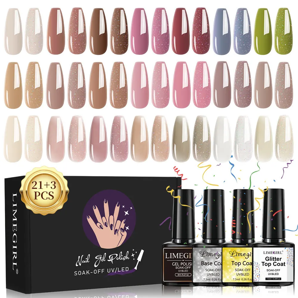 HEMA FREE 24-Colors Winter Colorful UV Nail Gel Polish Nail Art Kit With Base Coat Top Coat Glitter Top Coat