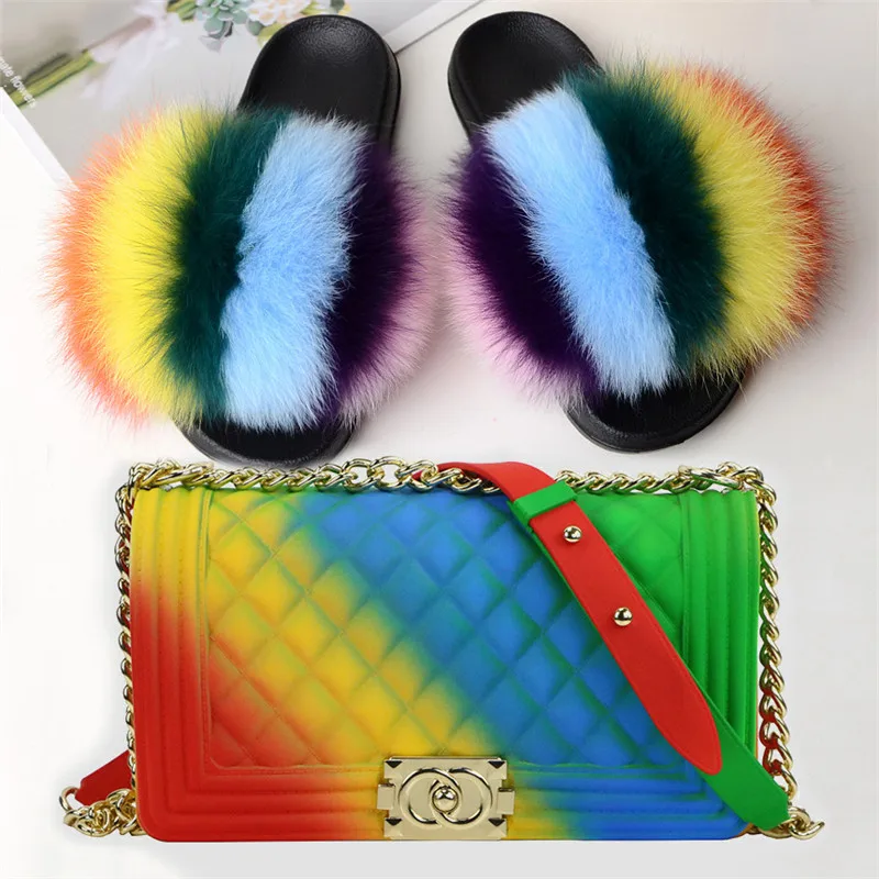 

High Quality Furry Fur Slipper Slides and Purse Handbag Sets Group with Chain Private Label Fur Slippers